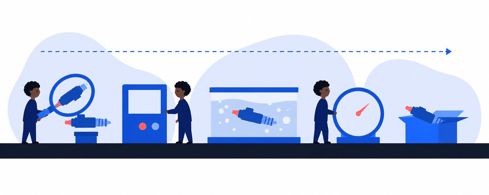 Chaîne de traitement Amon Lab : inspection, test sur banc, nettoyage à ultrasons, calibrage, puis remise en vente